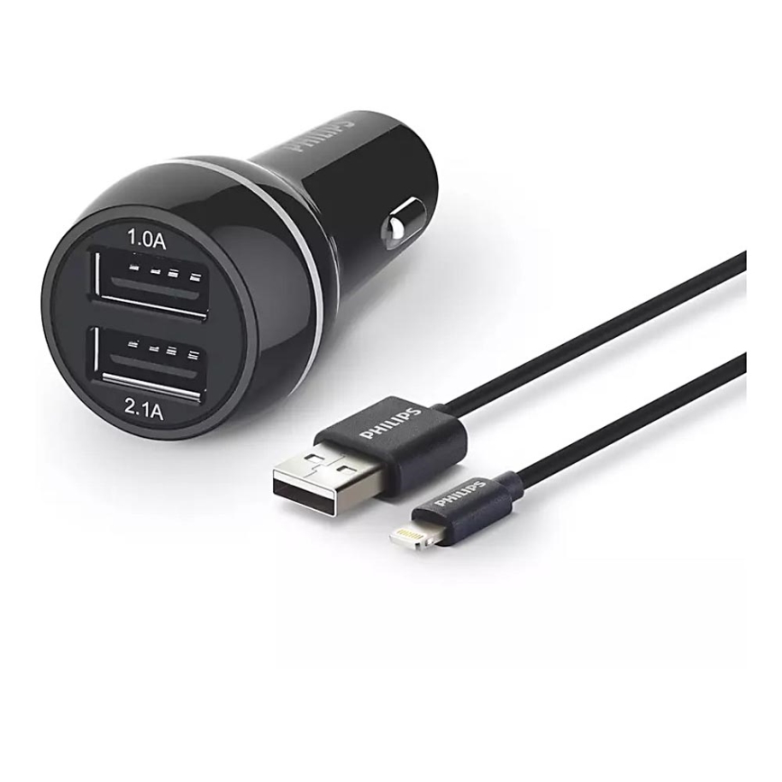 Philips DLP2357V/10 -Automobilinis įkroviklis 2xUSB/12V + kabelis USB/žaibo jungtis