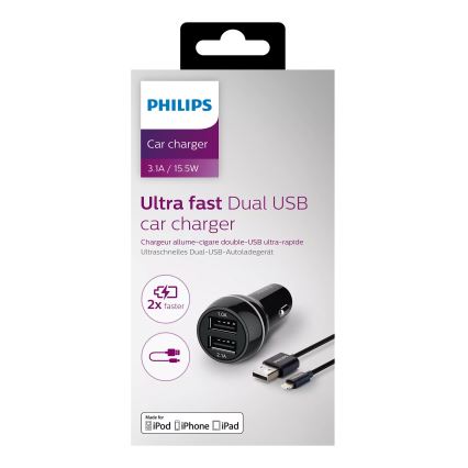 Philips DLP2357V/10 -Automobilinis įkroviklis 2xUSB/12V + kabelis USB/žaibo jungtis