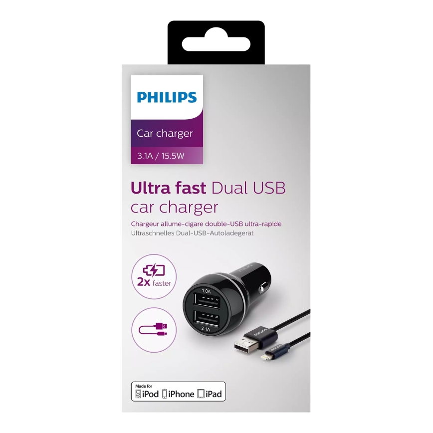 Philips DLP2357V/10 -Automobilinis įkroviklis 2xUSB/12V + kabelis USB/žaibo jungtis