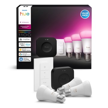 Philips Hue WHITE AND COLOR AMBIANCE pagrindinis rinkinys — 3× E27, 8,1 W, 1000–20000 K + Hue Bridge ir dimerio jungiklis