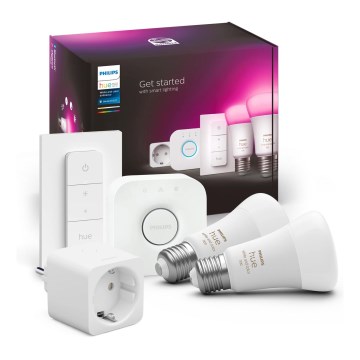 Philips Hue WHITE AND COLOR AMBIANCE pradinis rinkinys 2xE27/9W/230V 2200-6500K + išmanusis lizdas, Hue bridge ir šviesos reguliatorius