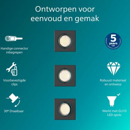 Philips - Komplektas 3 vnt. įleidžiamųjų šviestuvų PERIDOT 1xGU10/7W/230V, juodi