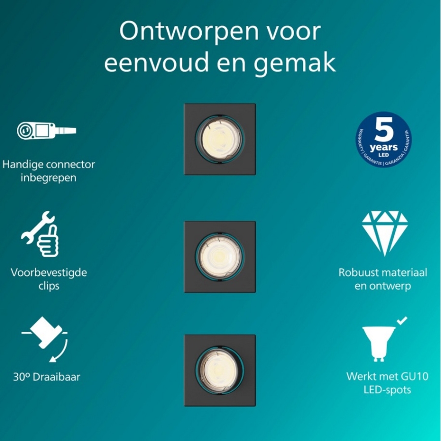 Philips - Komplektas 3 vnt. įleidžiamųjų šviestuvų PERIDOT 1xGU10/7W/230V, juodi