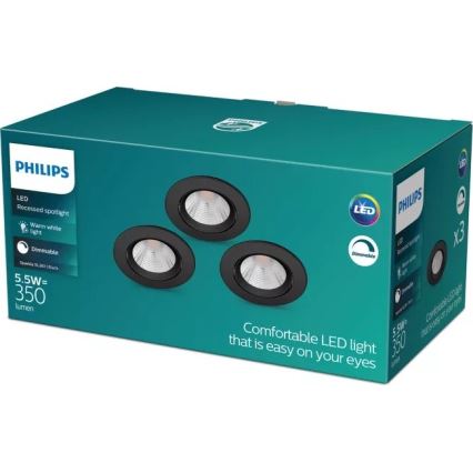 Philips - KOMPLEKTAS 3x LED pritemdomas įleidžiamas lubinis šviestuvas SPARKLE LED/5,5W/230V 2700K juoda