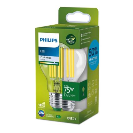Philips LED filamentinė lemputė A60 E27/5,2W/230V 4000K