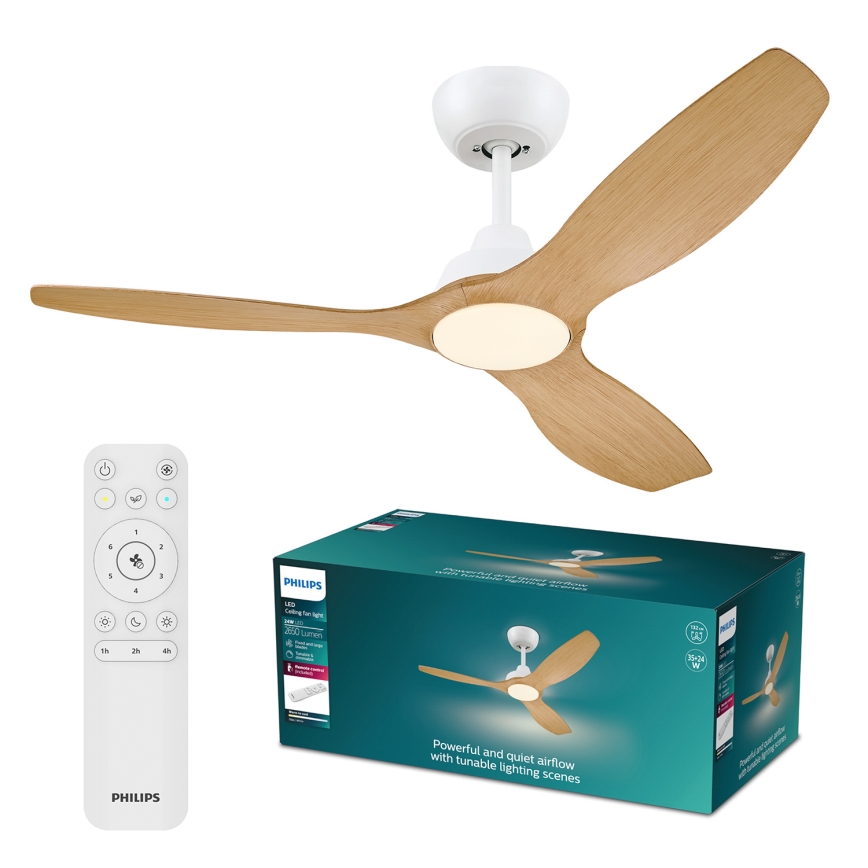 Philips - LED reguliuojamas lubinis ventiliatorius OLAS LED/24W/230V, skersmuo 132 cm, balta/ruda + nuotolinis valdymas