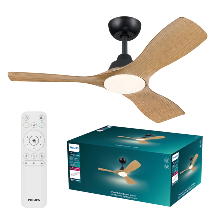 Philips - dimeriuojamas LED lubų ventiliatorius OLAS LED/24W/230V skersmuo 106 cm juoda/ruda + nuotolinis valdymas
