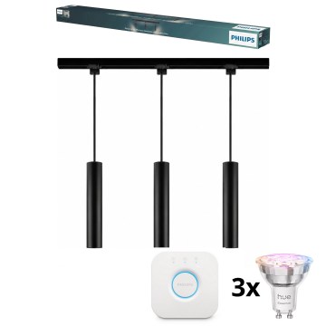 Philips - LED RGBW reguliuojamas pakabinamas šviestuvas ant laido EASYLINK HUE lištinėje sistemoje 3xGU10/4,7W/230V 2200-6500K 1m juodas + Hue bridge
