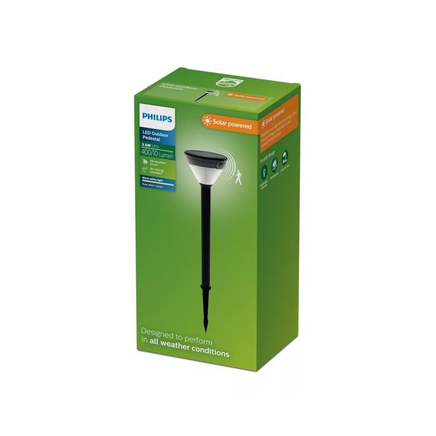 Philips - LED saulės lempa su jutikliu KYNA LED/3,8W/3,7V 800 mAh 2700K IP44 juoda