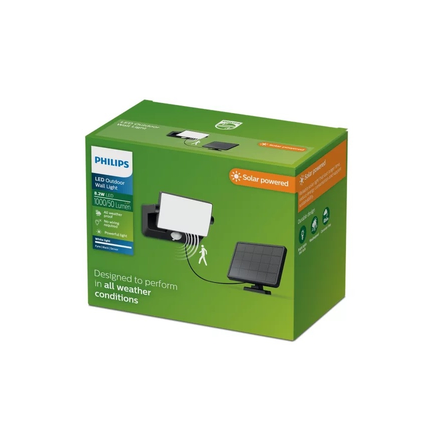 Philips - saulės energija maitinamas LED sieninis prožektorius su judesio jutikliu FYNS LED/8,2W/3,7V 2600 mAh 3000K IP44 juodas