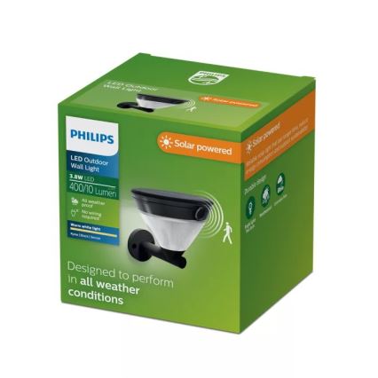 Philips - saulės energija maitinamas LED sieninis šviestuvas su jutikliu KYNA LED/3,8W/3,7V 800 mAh 2700K IP44 juodas