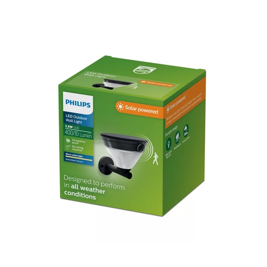 Philips - saulės energija maitinamas LED sieninis šviestuvas su jutikliu KYNA LED/3,8W/3,7V 800 mAh 2700K IP44 juodas