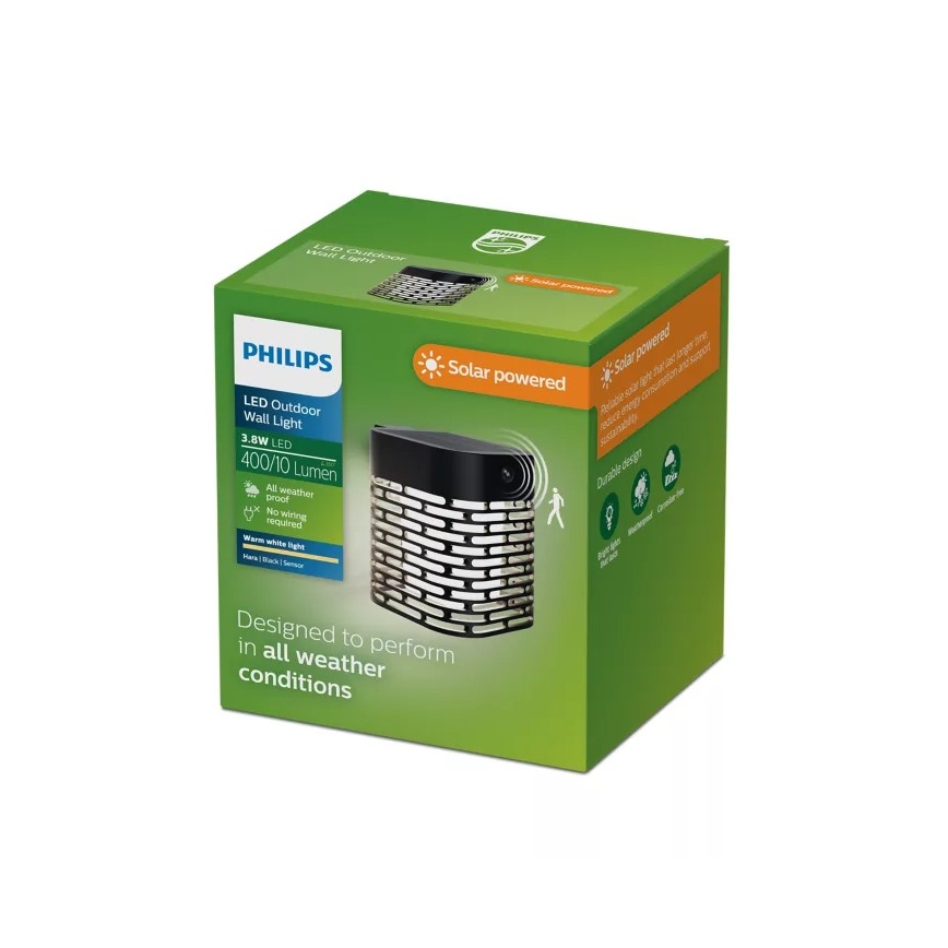 Philips - LED saulės sieninis šviestuvas su jutikliu HARA LED/3,8W/3,7V 800 mAh 2700K IP44 juodas
