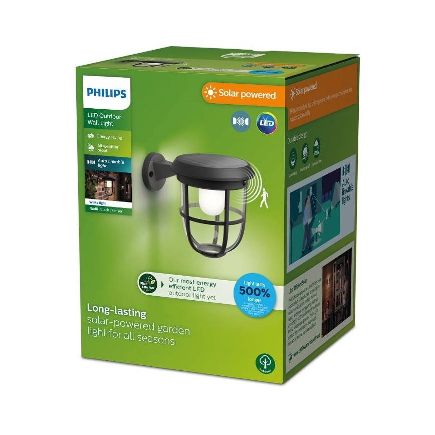 Philips - LED sieninis šviestuvas su jutikliu, įkraunamas saulės energija RADII LED/1,3W/3,7V 2000 mAh 3000K IP44