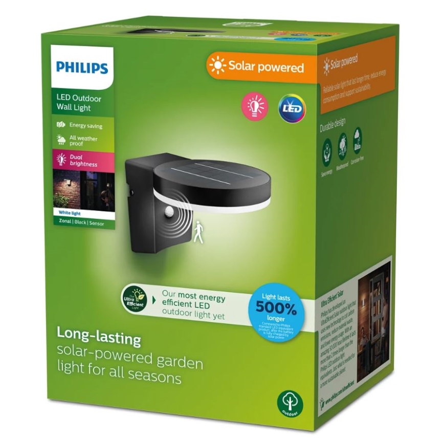 Philips - LED sieninis šviestuvas su jutikliu, įkraunamas saulės energija ZONAL LED/1,3W/3,7V IP44