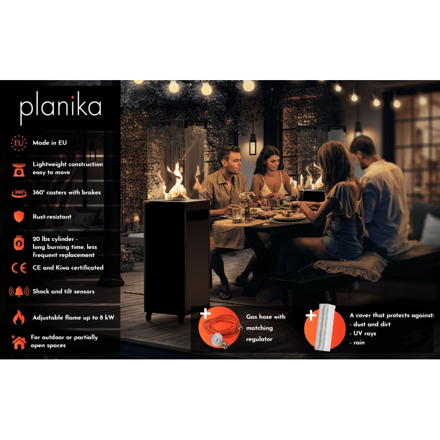 Planika - Lauko dujinis židinys 142x36 cm 8kW 1xAAA baltas + apsauginis dangtis