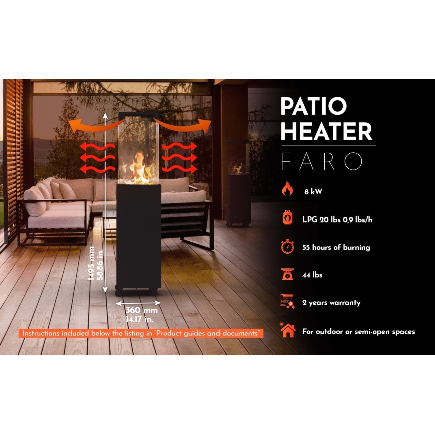 Planika - Lauko dujinis židinys 142x36 cm 8kW 1xAAA juodas + apsauginis dangtis