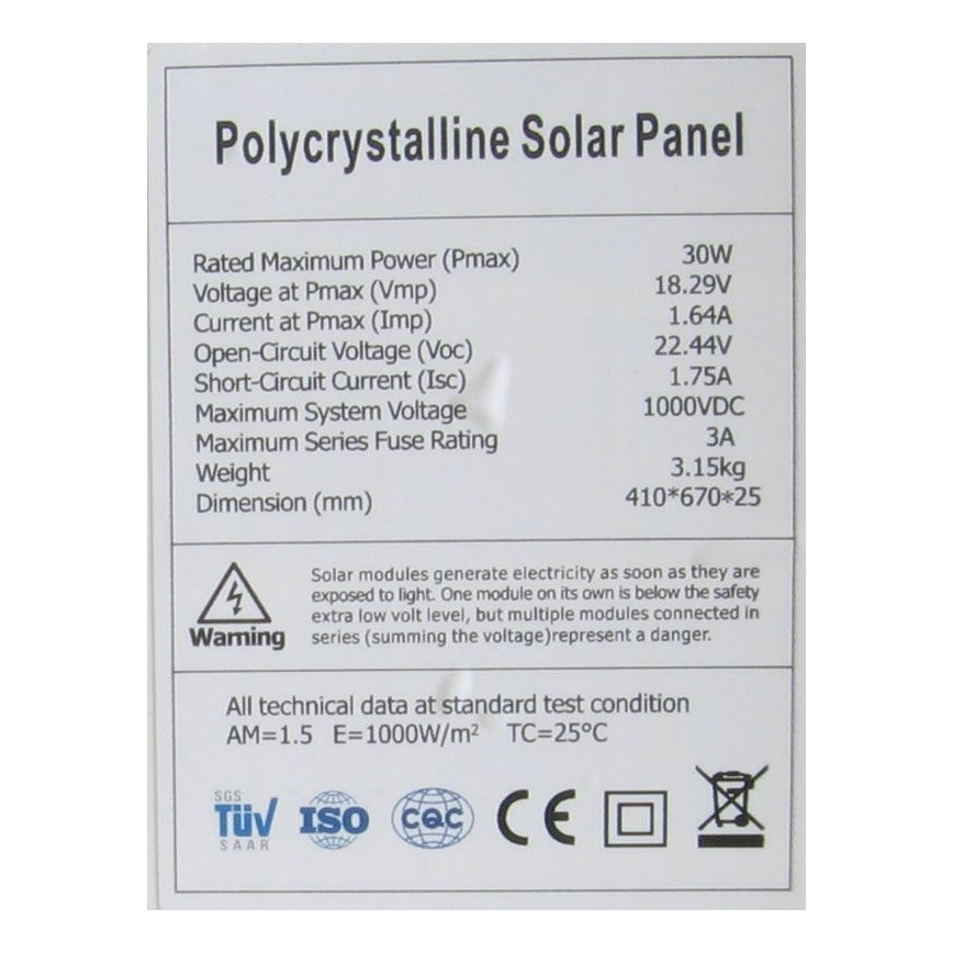 Polikristalinis saulės fotovoltinis modulis 30 W / 12 V