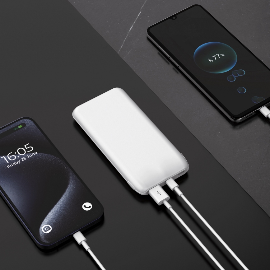 Power Bank 10000 mAh 10W Power Delivery 2xUSB-C + 1xUSB-A balta