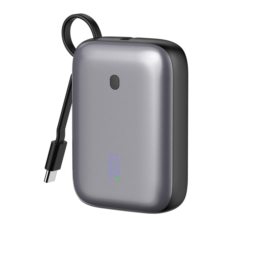 Power Bank 10000 mAh 20W Power Delivery Kompaktiškas su integruotu 1 m ilgio susukamu USB-C kabeliu juodas