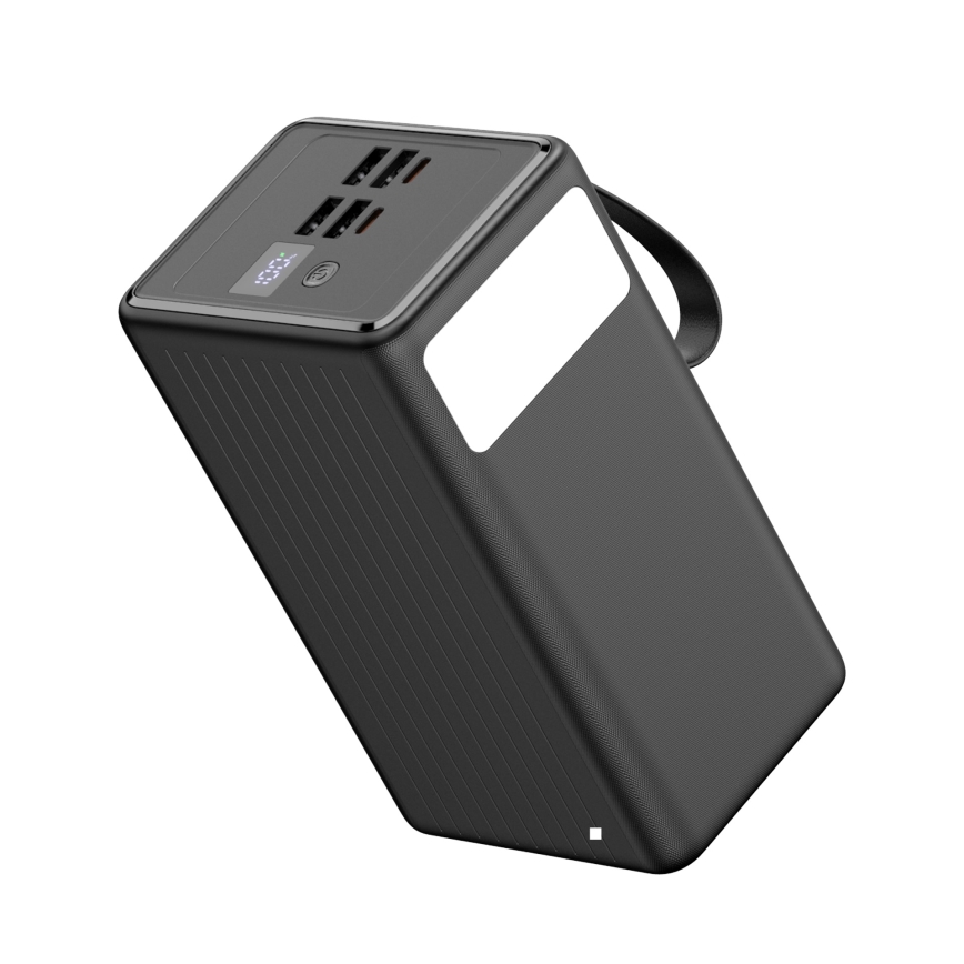 Power Bank 70000 mAh 20W Power Delivery 4xUSB-A + 2xUSB-C su LED žibintuvėliu ir 1 m ilgio USB-C kabeliu, juoda spalva
