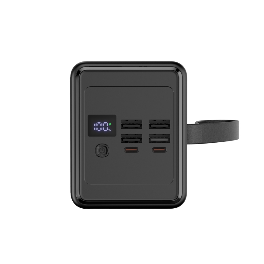 Power Bank 70000 mAh 20W Power Delivery 4xUSB-A + 2xUSB-C su LED žibintuvėliu ir 1 m ilgio USB-C kabeliu, juoda spalva