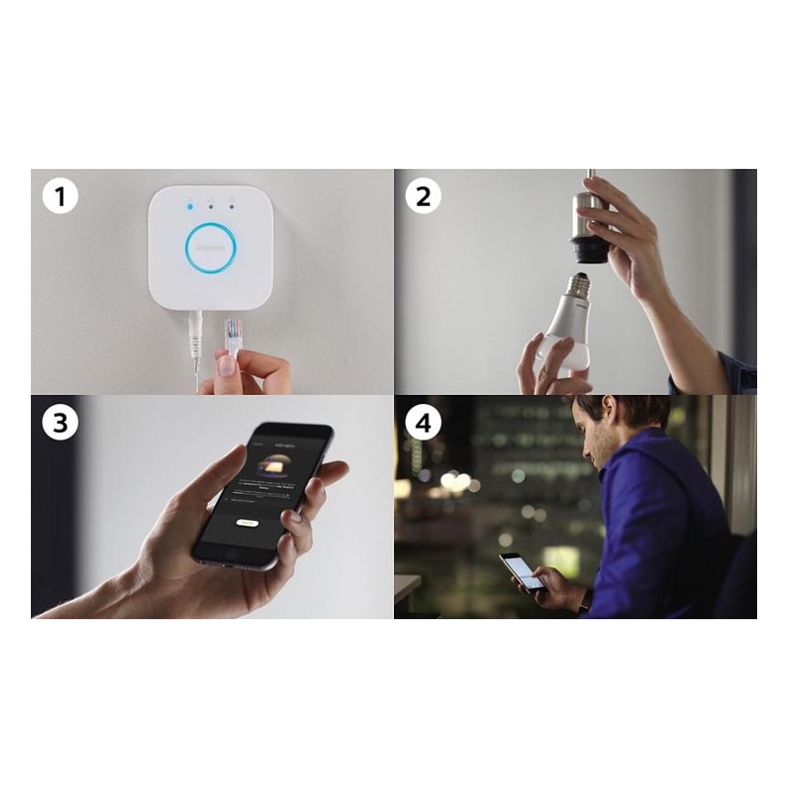 Pradinis Philips Hue STARTER KIT WHITE rinkinys 3xE27/9W 2700K + Hue Bridge ir šviesos reguliatorius