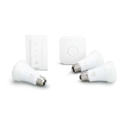 Pradinis Philips Hue STARTER KIT WHITE rinkinys 3xE27/9W 2700K + Hue Bridge ir šviesos reguliatorius
