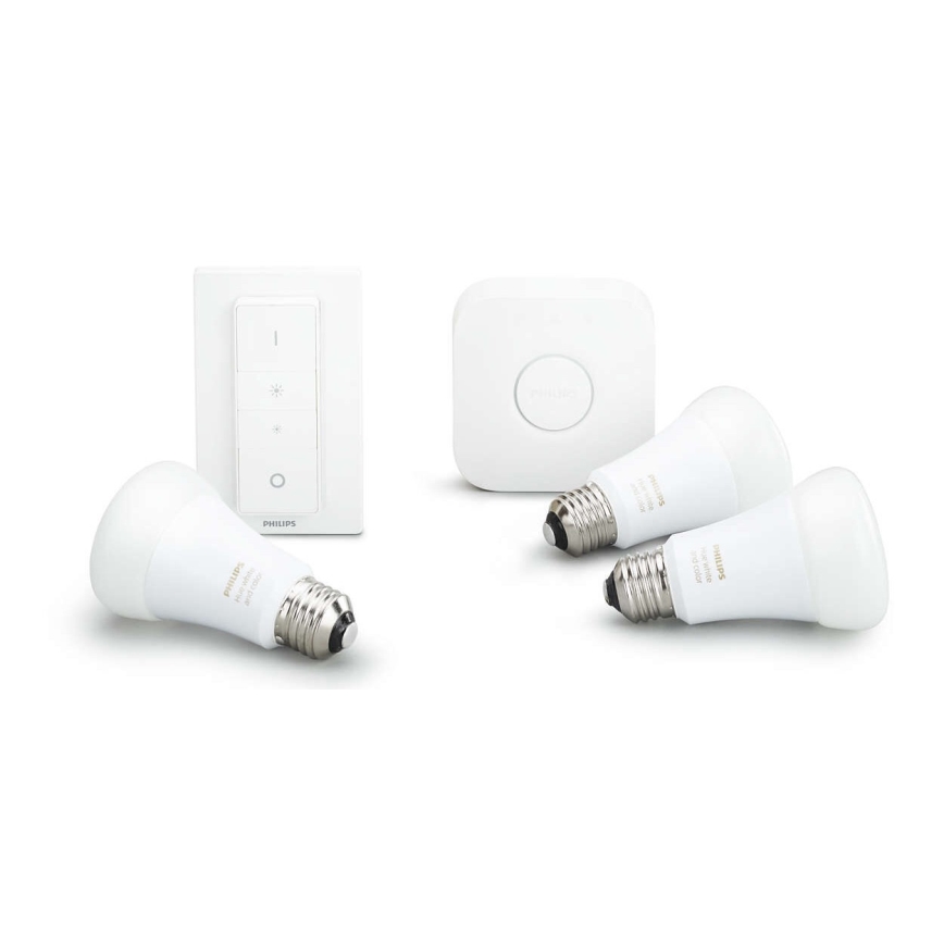 Pradinis Philips Hue STARTER KIT WHITE rinkinys 3xE27/9W 2700K + Hue Bridge ir šviesos reguliatorius