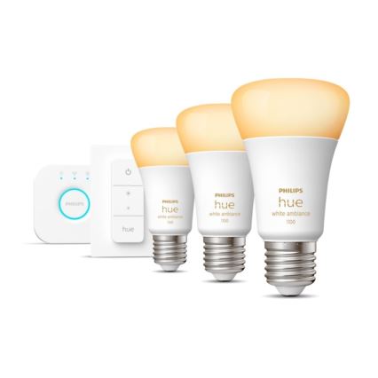 Pradinis Philips Hue White Ambiance rinkinys 3xE27/11W 2200-6500K + Hue Bridge ir dimmerio jungiklis