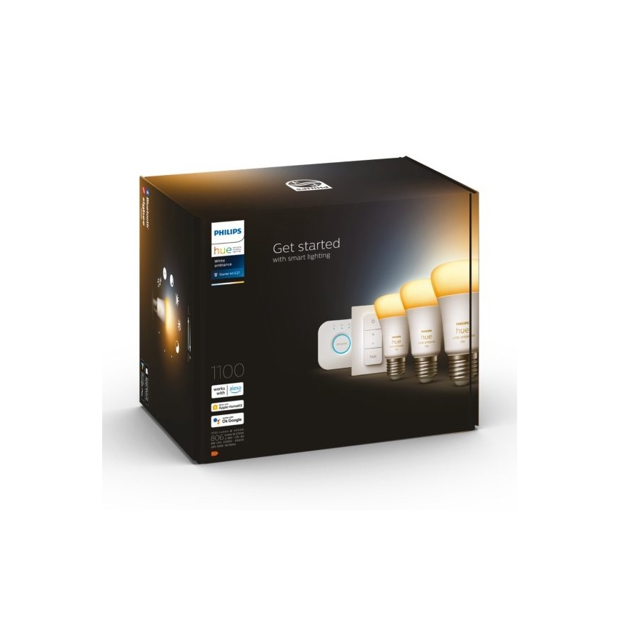 Pradinis Philips Hue White Ambiance rinkinys 3xE27/11W 2200-6500K + Hue Bridge ir dimmerio jungiklis
