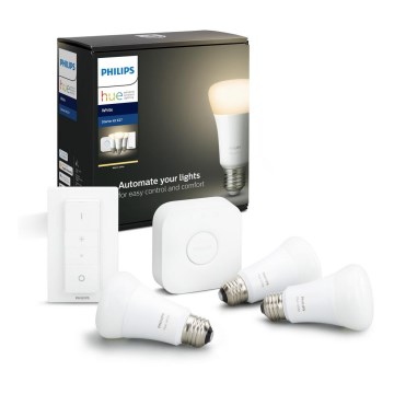 Pradinis Philips Hue STARTER KIT WHITE rinkinys 3xE27/9W 2700K + Hue Bridge ir šviesos reguliatorius