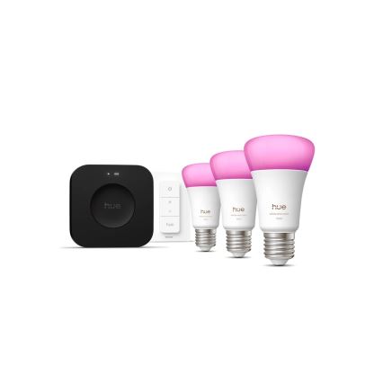 Philips Hue WHITE AND COLOR AMBIANCE pagrindinis rinkinys — 3× E27, 8,1 W, 1000–20000 K + Hue Bridge ir dimerio jungiklis