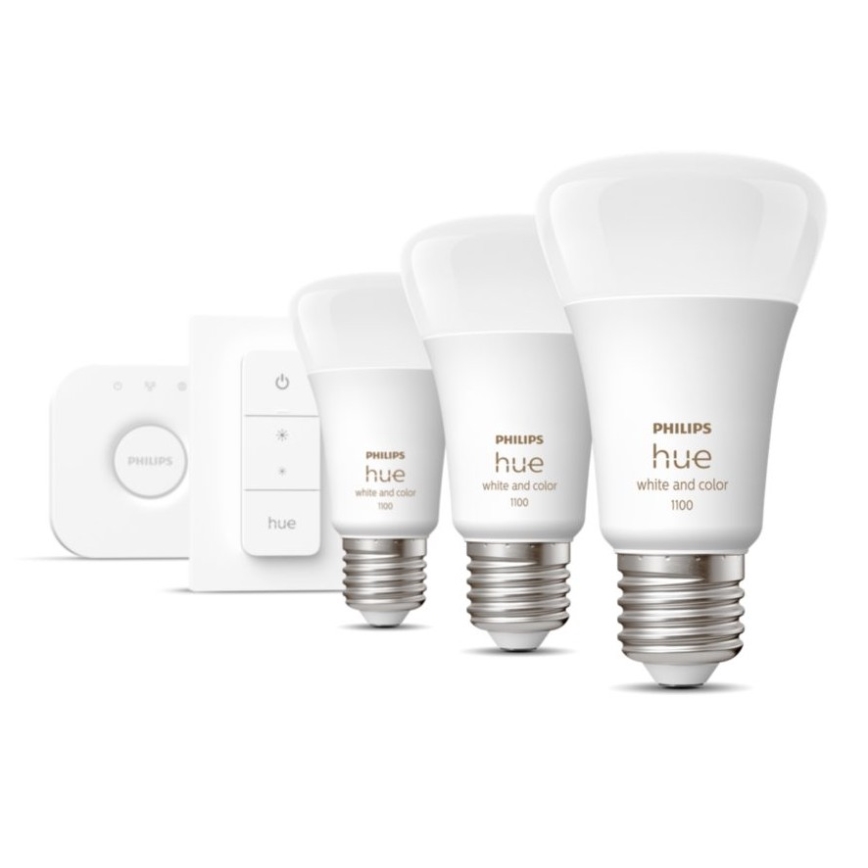 Pradinis Philips Hue WHITE AND COLOR AMBIANCE rinkinys 3xE27/9W 2000-6500K + Hue Bridge ir šviesos reguliatorius