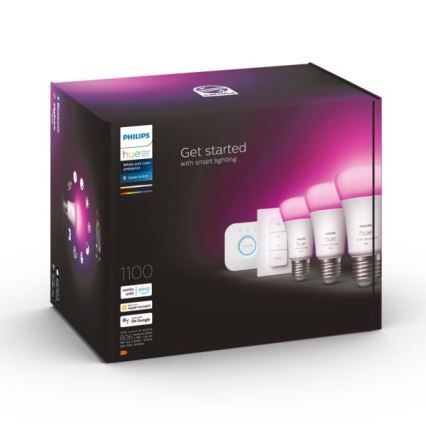 Pradinis Philips Hue WHITE AND COLOR AMBIANCE rinkinys 3xE27/9W 2000-6500K + Hue Bridge ir šviesos reguliatorius