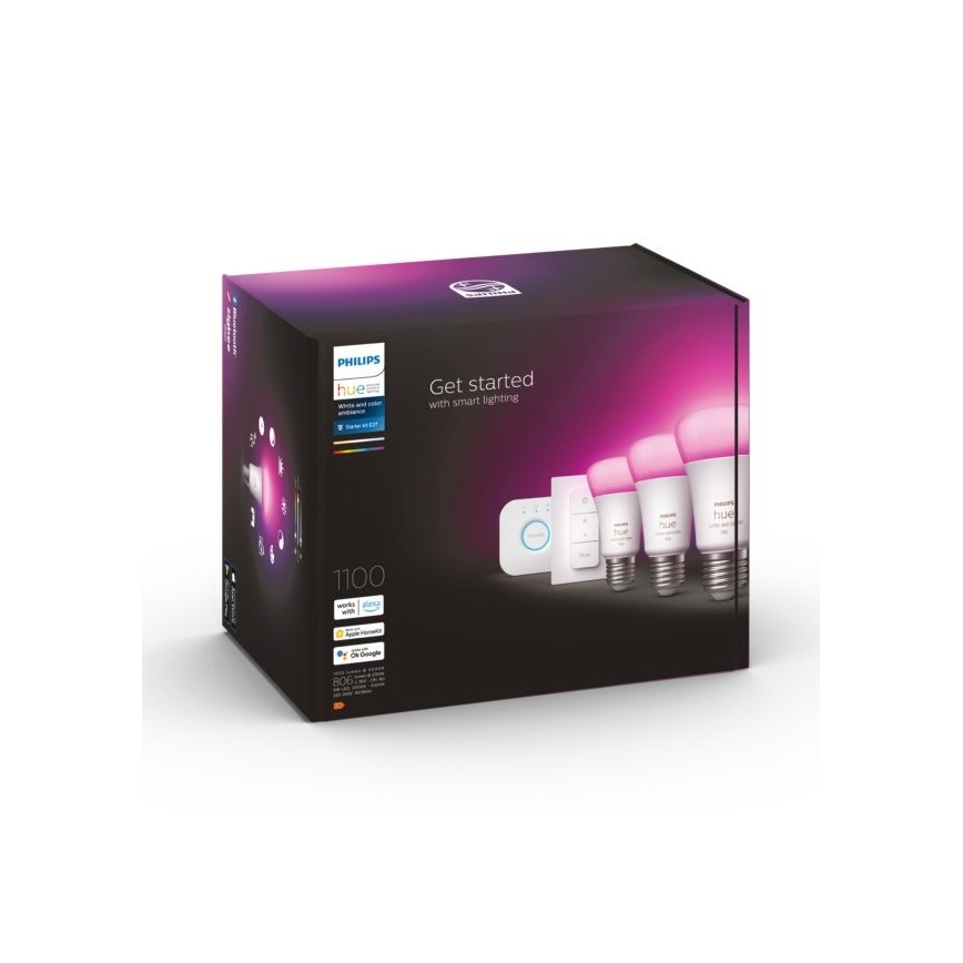 Pradinis Philips Hue WHITE AND COLOR AMBIANCE rinkinys 3xE27/9W 2000-6500K + Hue Bridge ir šviesos reguliatorius