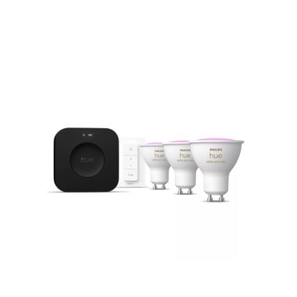 Pradžios rinkinys Philips Hue WHITE AND COLOR AMBIANCE 3xGU10/4,2W 2000-6500K + Hue bridge ir dimerio jungiklis