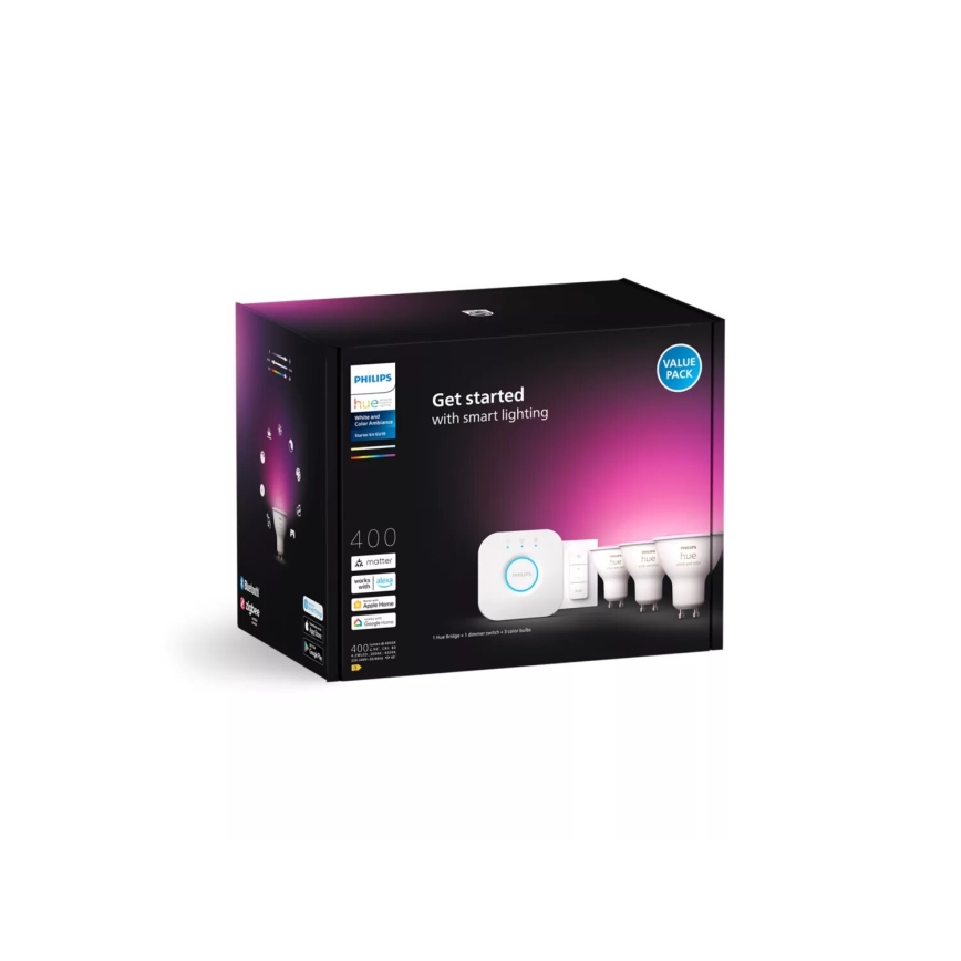 Pagrindinis rinkinys Philips Hue WHITE AND COLOR AMBIANCE 3xGU10/4,2W/230V 2000-6500K + Hue Bridge ir dimerio jungiklis