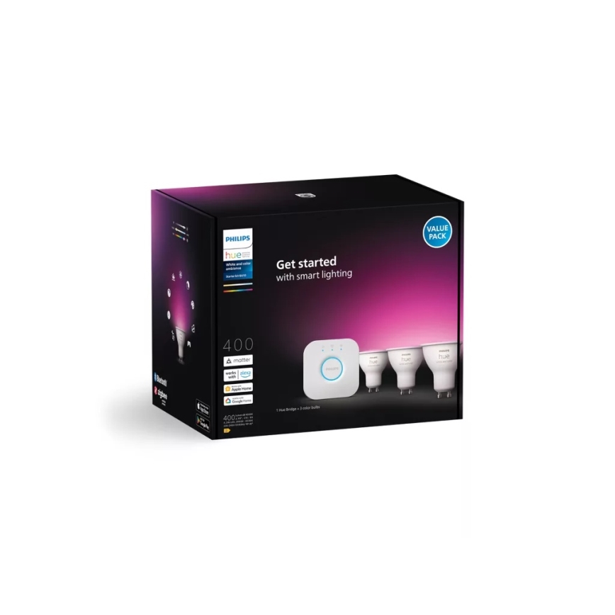 Philips Hue WHITE AND COLOR AMBIANCE pradinis rinkinys 3xGU10/4,2W/230V 2200-6500K + Hue bridge