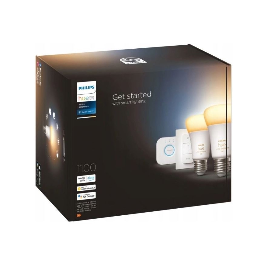 Philips Hue WHITE AMBIANCE pradinis komplektas 2xE27/8W/230V + Hue Bridge ir dimerio jungiklis