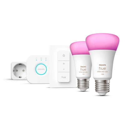 Philips Hue WHITE AND COLOR AMBIANCE pradinis rinkinys 2xE27/9W/230V 2200-6500K + išmanusis lizdas, Hue bridge ir šviesos reguliatorius