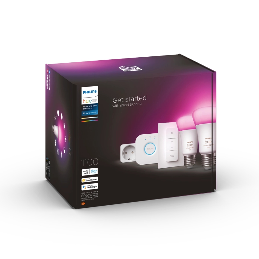 Philips Hue WHITE AND COLOR AMBIANCE pradinis rinkinys 2xE27/9W/230V 2200-6500K + išmanusis lizdas, Hue bridge ir šviesos reguliatorius