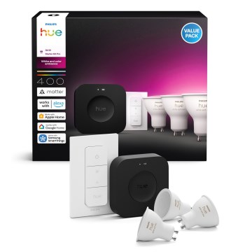 Pradžios rinkinys Philips Hue WHITE AND COLOR AMBIANCE 3xGU10/4,2W 2000-6500K + Hue bridge ir dimerio jungiklis