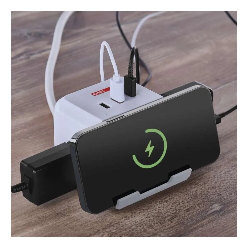 Prailginimo laidas kubas su belaidžiu įkrovimu QI 2Z +2xUSB-A+1xUSB-C 2m balta