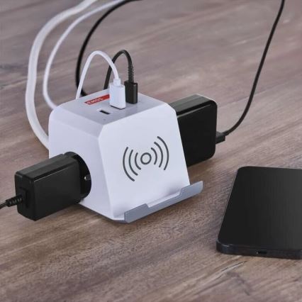 Prailginimo laidas kubas su belaidžiu įkrovimu QI 2Z +2xUSB-A+1xUSB-C 2m balta
