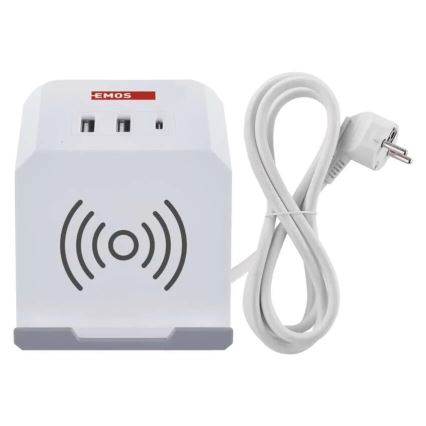 Prailginimo laidas kubas su belaidžiu įkrovimu QI 2Z +2xUSB-A+1xUSB-C 2m balta