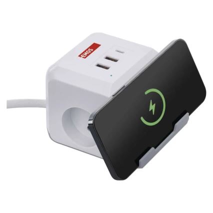 Prailginimo laidas kubas su belaidžiu įkrovimu QI 2Z +2xUSB-A+1xUSB-C 2m balta