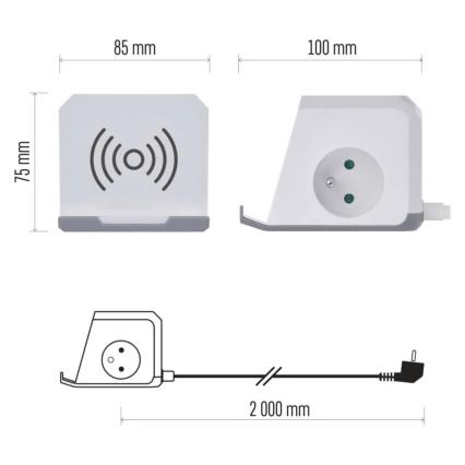 Prailginimo laidas kubas su belaidžiu įkrovimu QI 2Z +2xUSB-A+1xUSB-C 2m balta