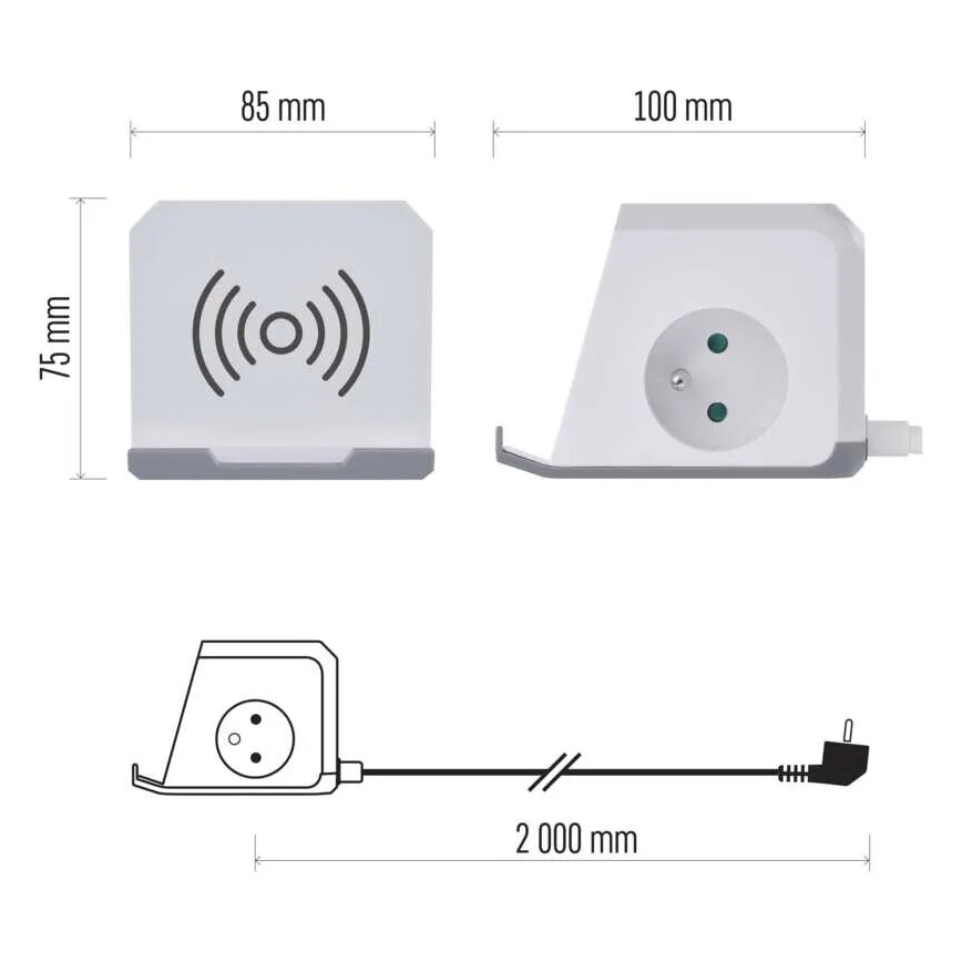 Prailginimo laidas kubas su belaidžiu įkrovimu QI 2Z +2xUSB-A+1xUSB-C 2m balta