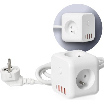 Prailginimo laidas kubas su jungikliu LINEA 3x230V + 4xUSB A/C balta